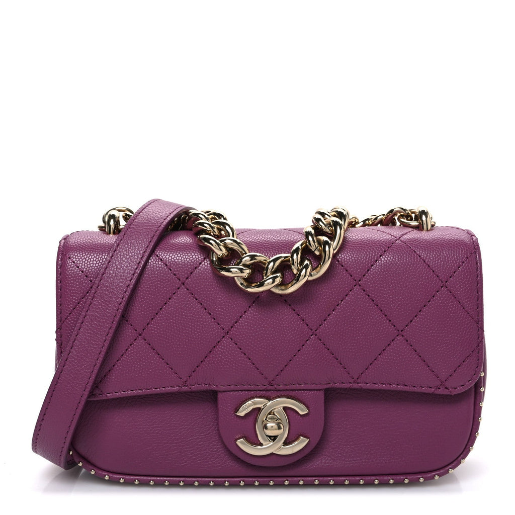 Caviar Quilted Mini Studded Flap  Purple