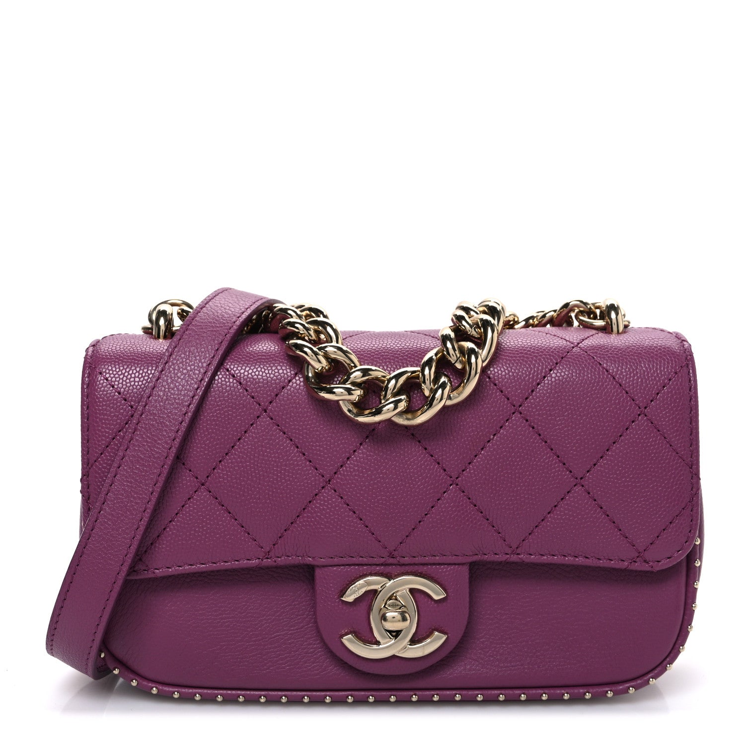 Caviar Quilted Mini Studded Flap  Purple