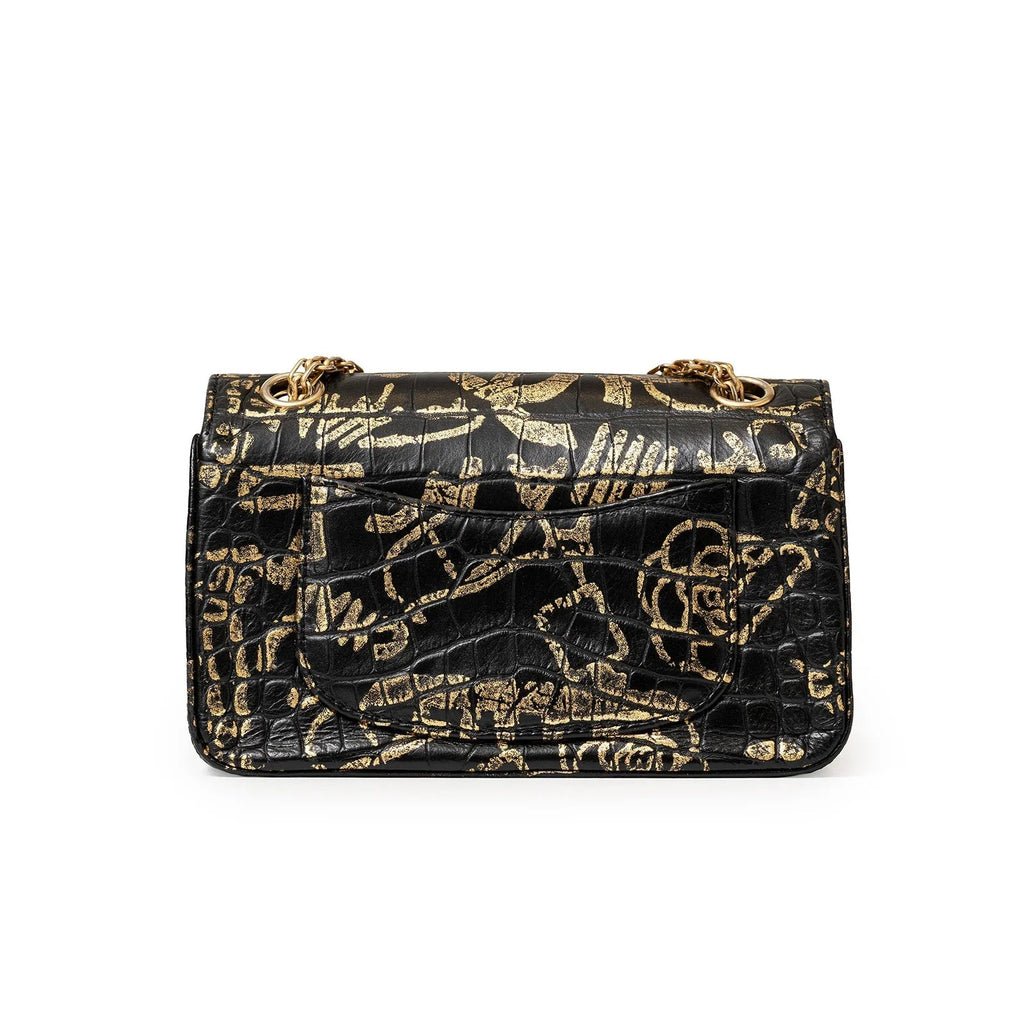 Chanel 2.55 Reissue 224 Flap Bag Black and Gold Graffiti Crocodile Embossed Calfskin Gold Hardware