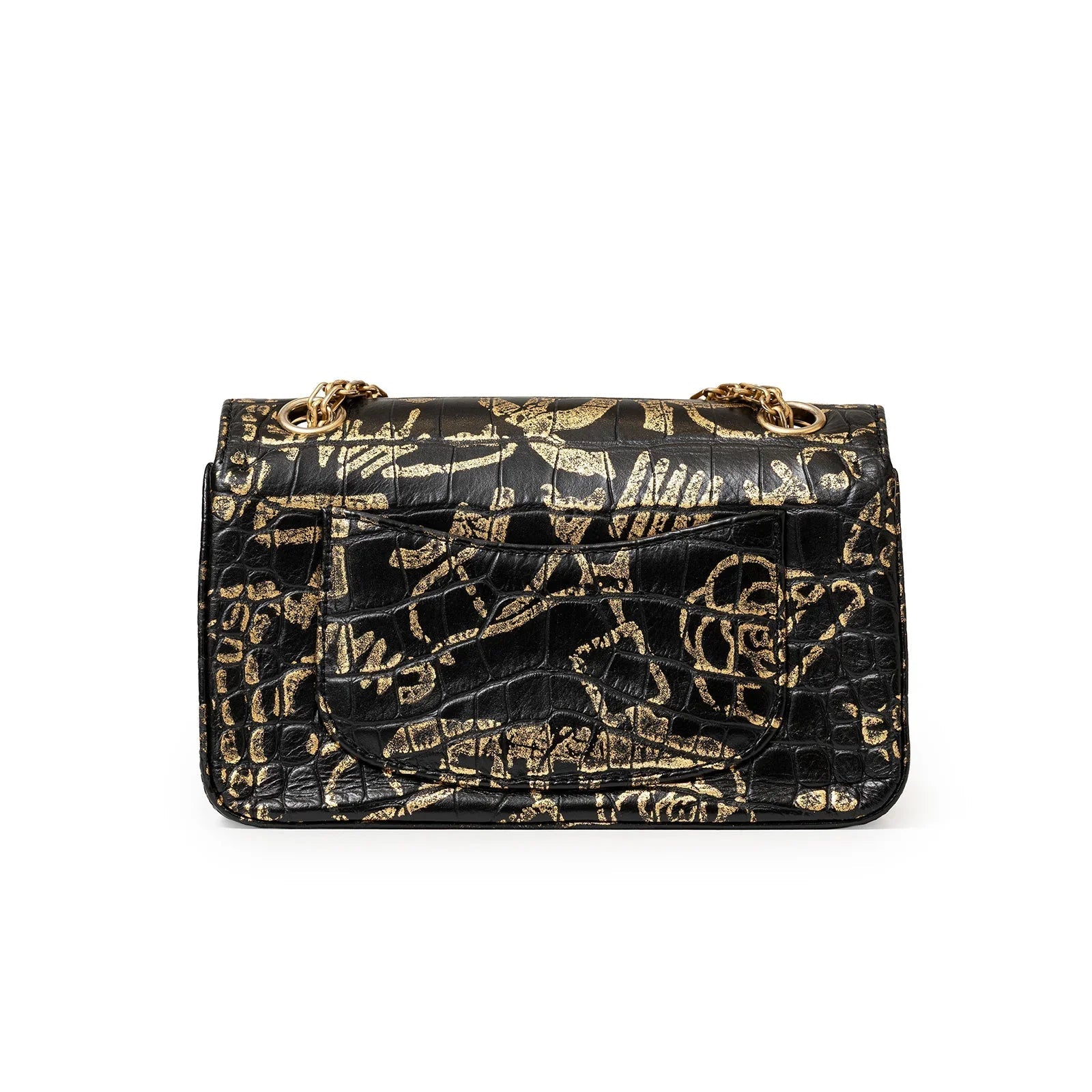 Chanel 2.55 Reissue 224 Flap Bag Black and Gold Graffiti Crocodile Embossed Calfskin Gold Hardware