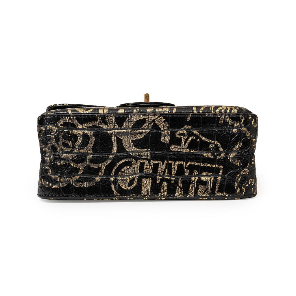 Chanel 2.55 Reissue 224 Flap Bag Black and Gold Graffiti Crocodile Embossed Calfskin Gold Hardware