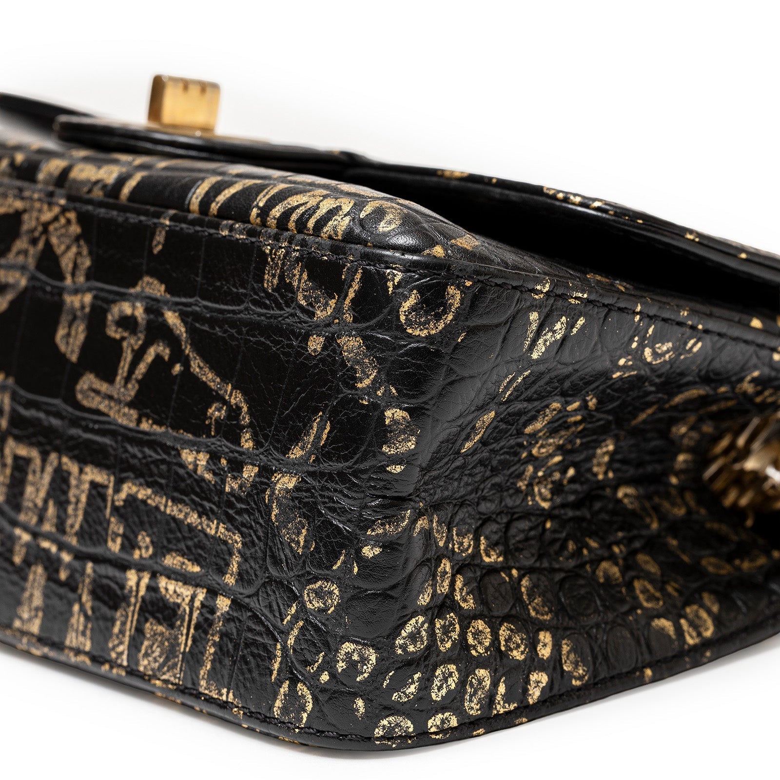 Chanel 2.55 Reissue 224 Flap Bag Black and Gold Graffiti Crocodile Embossed Calfskin Gold Hardware