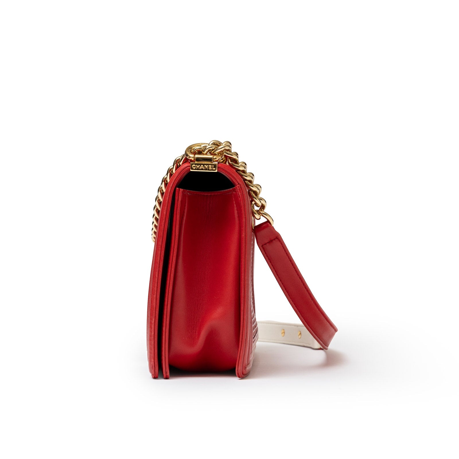Chanel Boy Bag Coco Mark Waffle Bag Red White and Gold Hardware