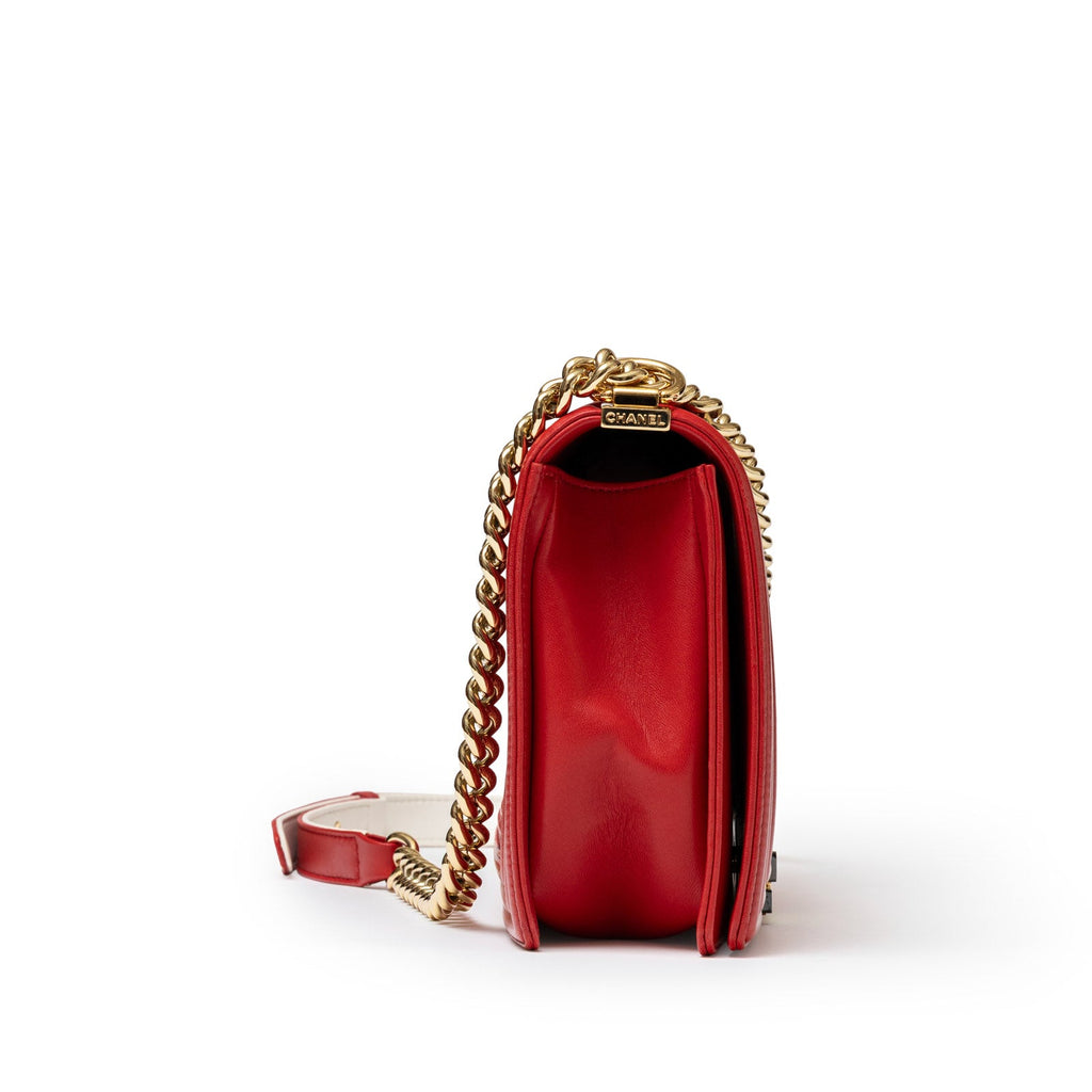 Chanel Boy Bag Coco Mark Waffle Bag Red White and Gold Hardware