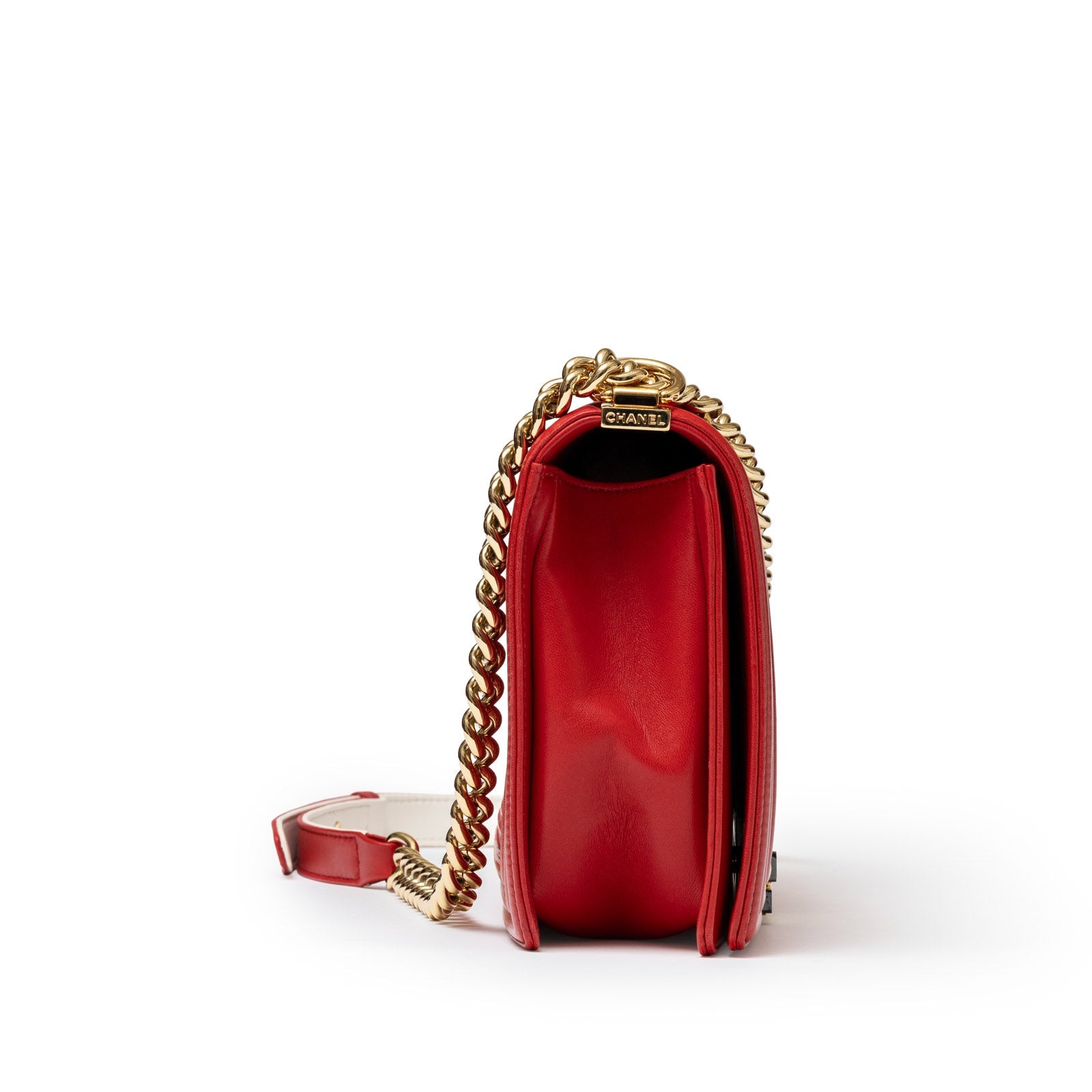 Chanel Boy Bag Coco Mark Waffle Bag Red White and Gold Hardware