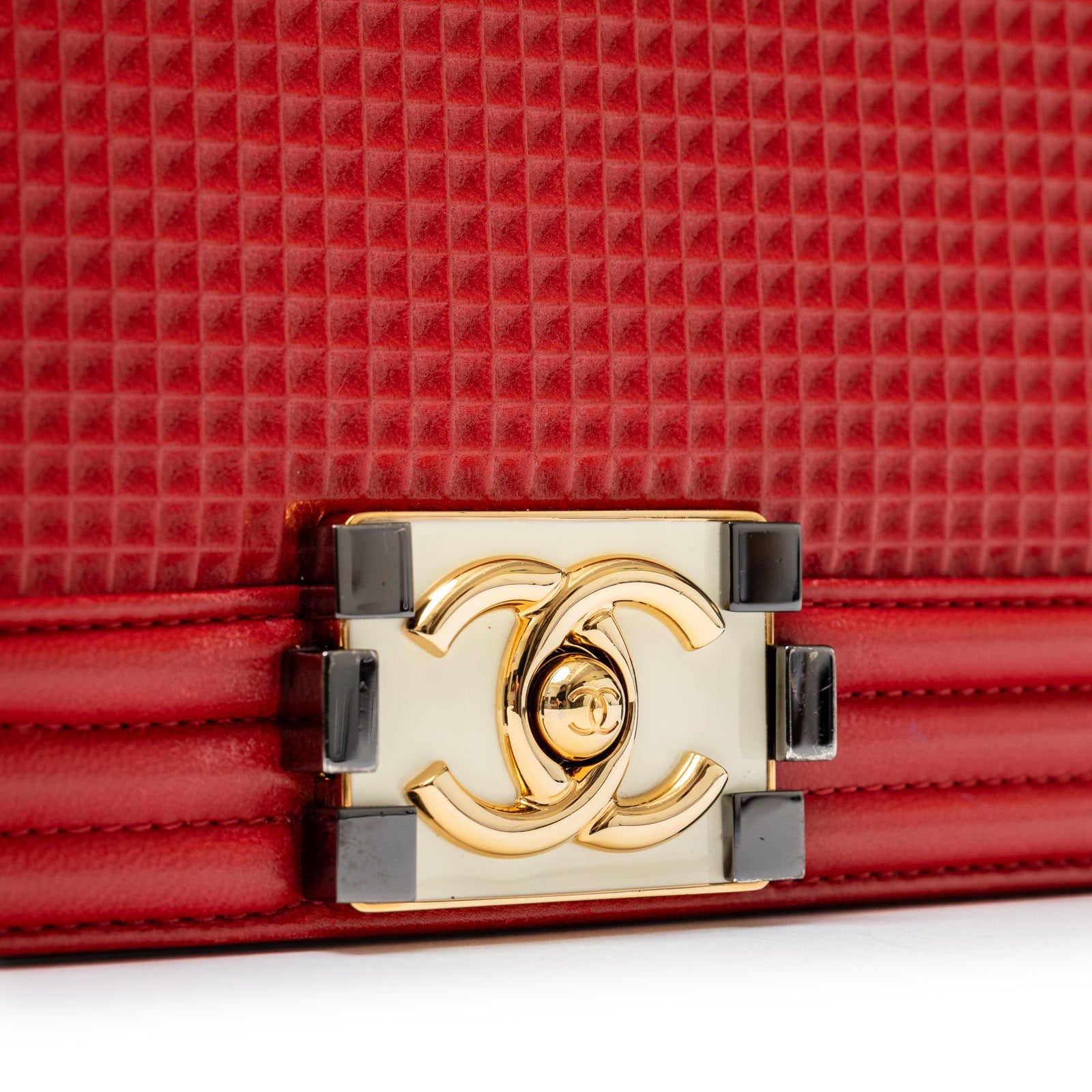 Chanel Boy Bag Coco Mark Waffle Bag Red White and Gold Hardware