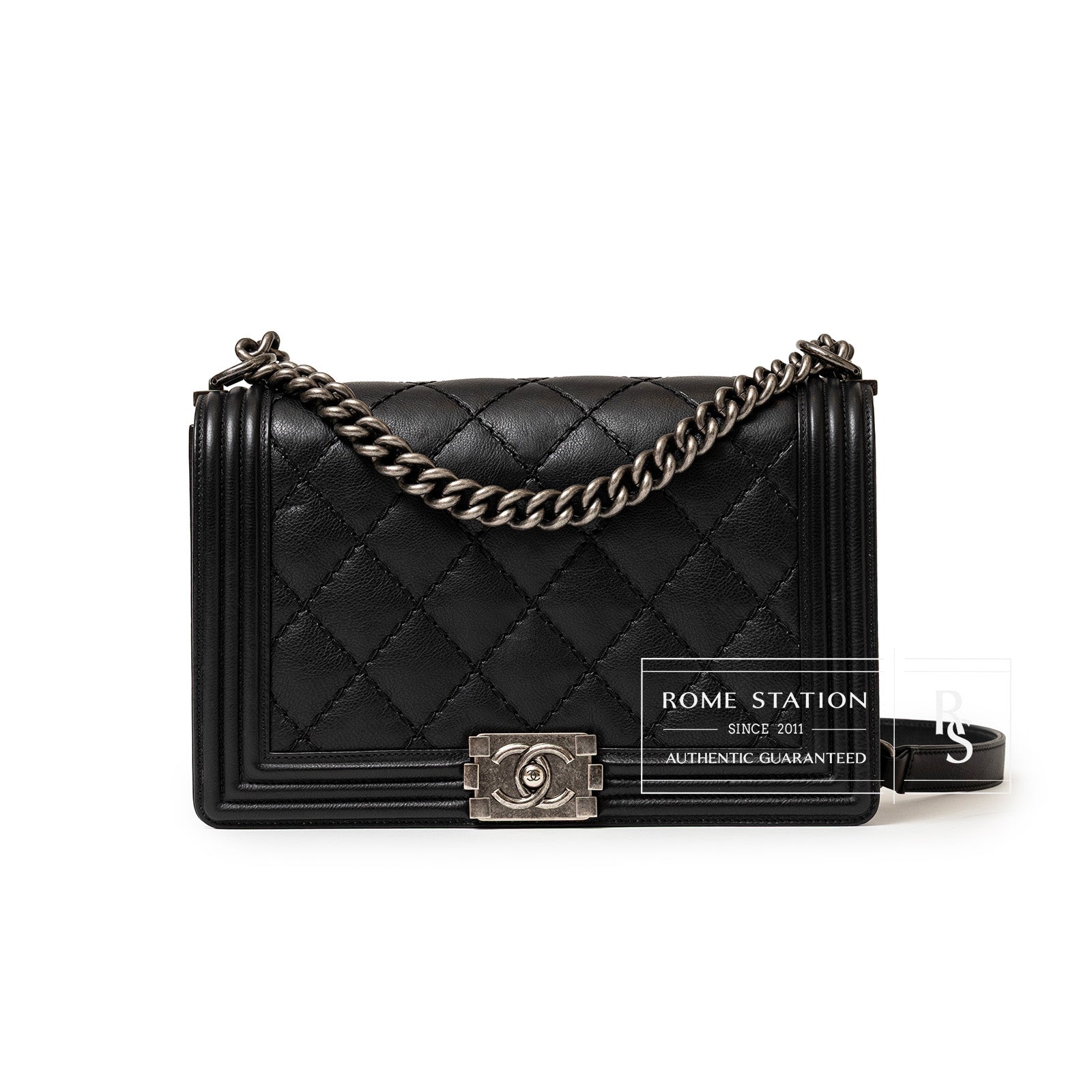 Chanel Boy Bag Double Stitch Flap Black Palladium Hardware