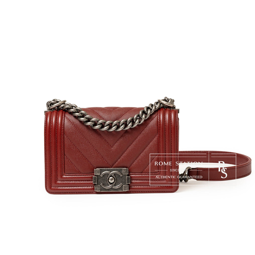 Chanel Boy Bag Small Chevron Burgundy Caviar Palladium Hardware