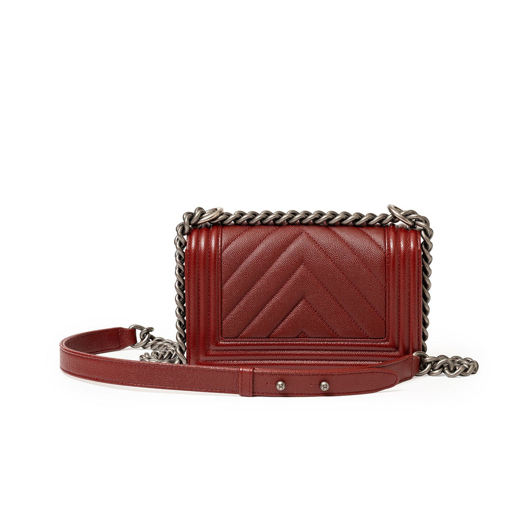 Chanel Boy Bag Small Chevron Burgundy Caviar Palladium Hardware