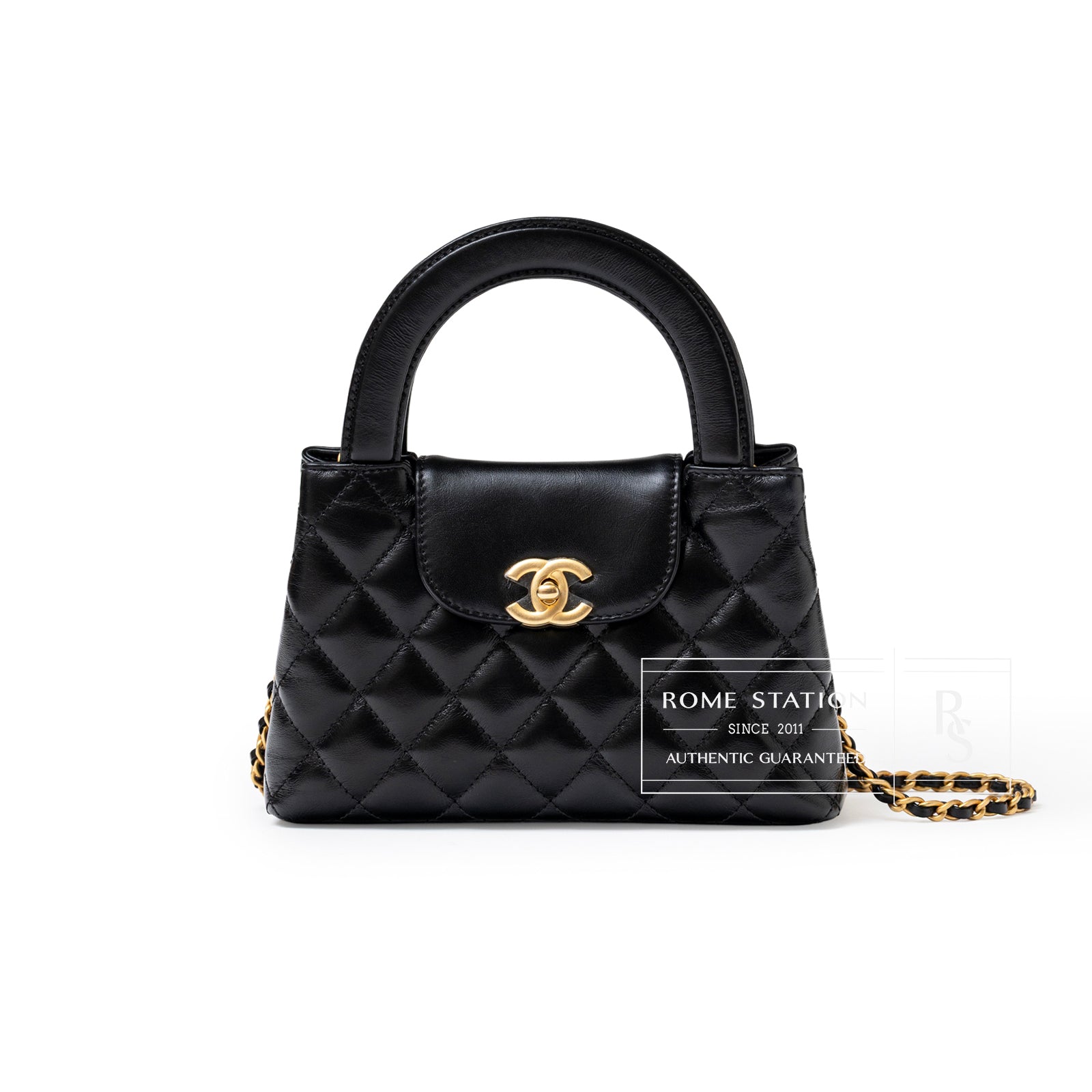 Chanel Kelly Shopper Small Black Shiny Aged Calfskin Brushed Gold Hardware