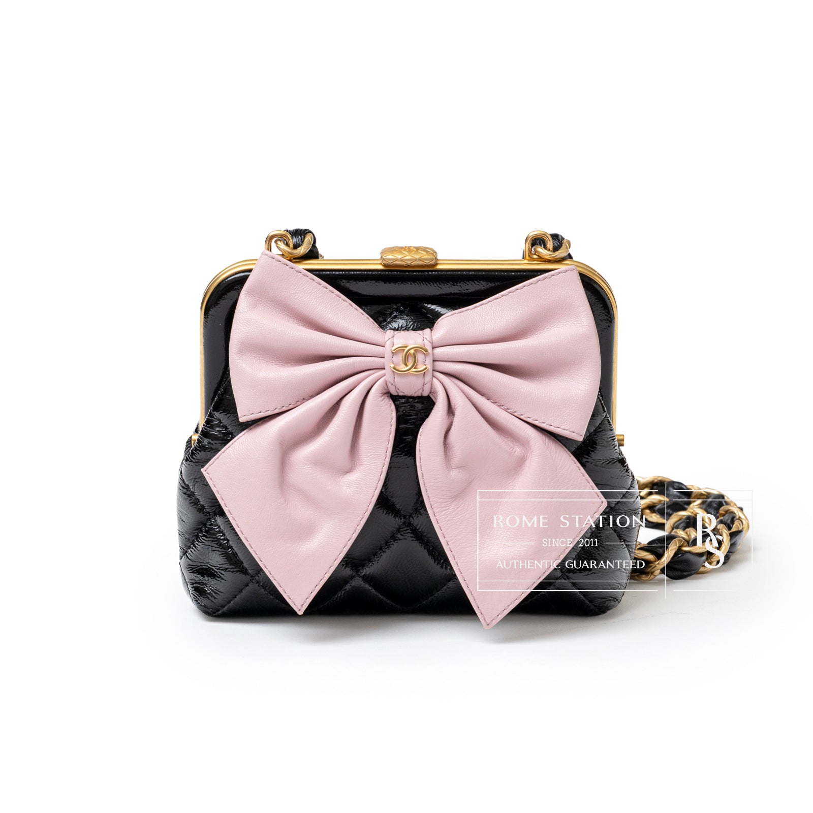 Chanel Maxi Bow Clutch With Chain Black and Pink Shiny Quilted Patent Crumpled Lambskin Brushed Gold Hardware