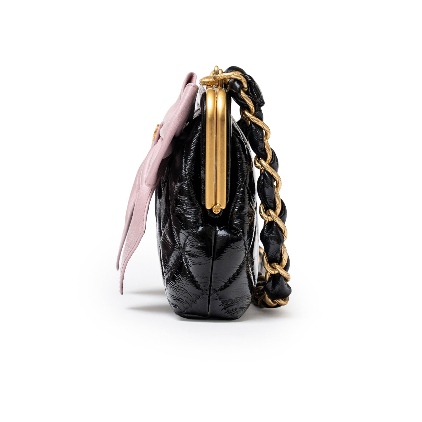 Chanel Maxi Bow Clutch With Chain Black and Pink Shiny Quilted Patent Crumpled Lambskin Brushed Gold Hardware