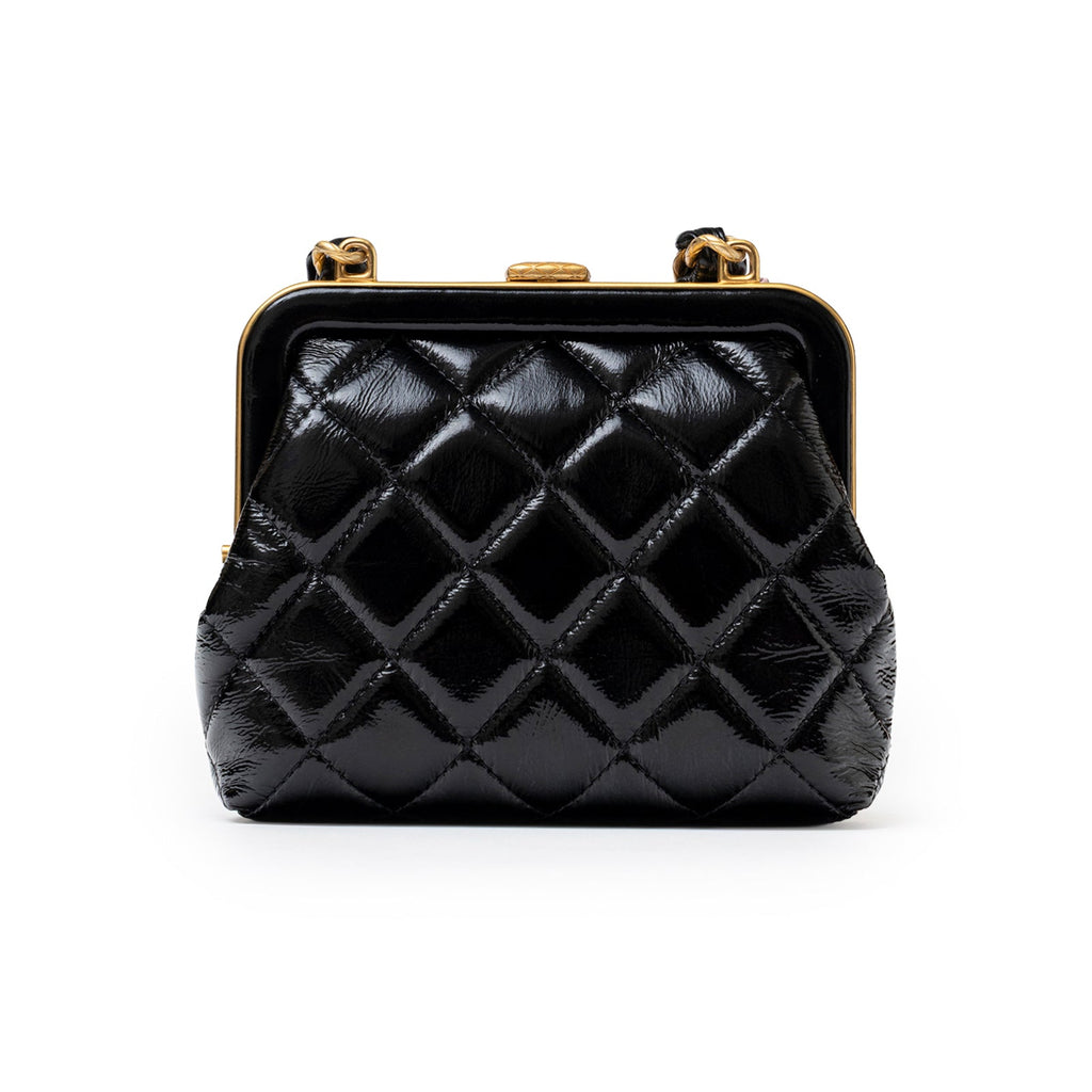 Chanel Maxi Bow Clutch With Chain Black and Pink Shiny Quilted Patent Crumpled Lambskin Brushed Gold Hardware