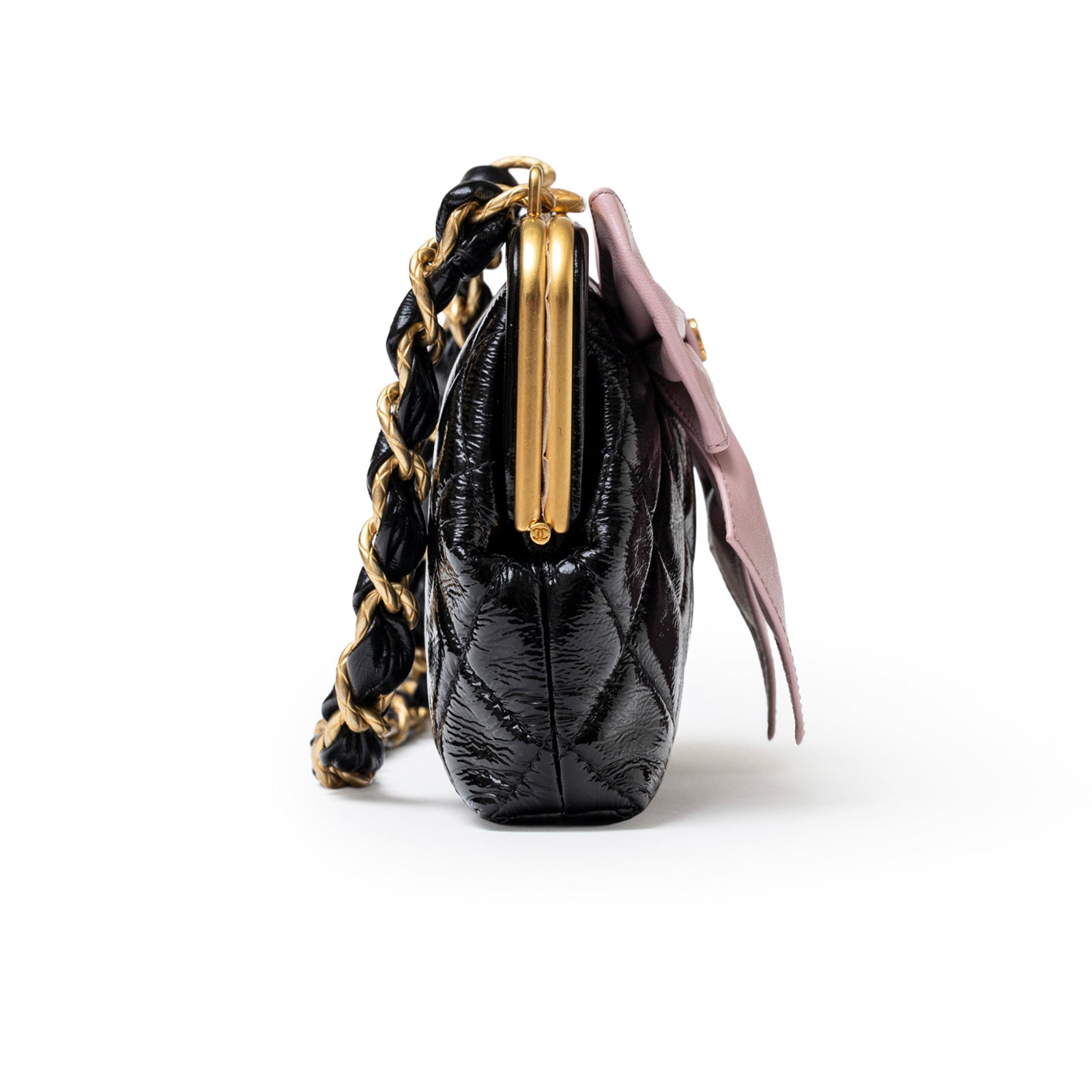 Chanel Maxi Bow Clutch With Chain Black and Pink Shiny Quilted Patent Crumpled Lambskin Brushed Gold Hardware
