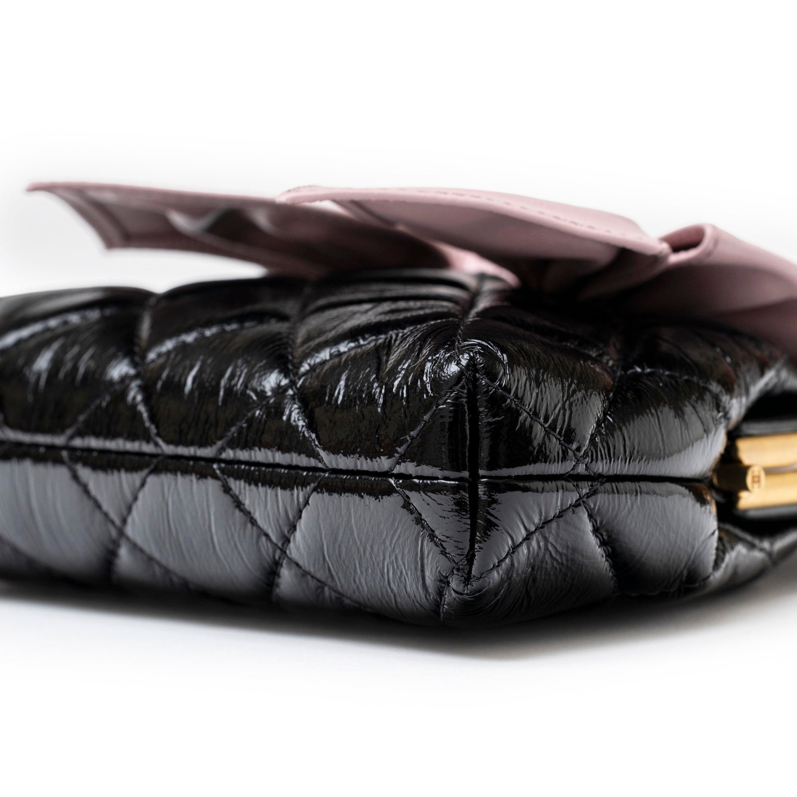 Chanel Maxi Bow Clutch With Chain Black and Pink Shiny Quilted Patent Crumpled Lambskin Brushed Gold Hardware