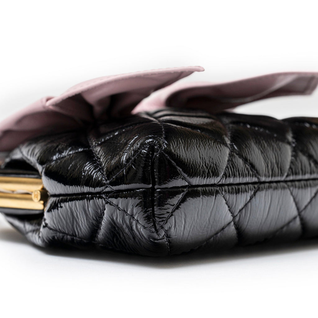 Chanel Maxi Bow Clutch With Chain Black and Pink Shiny Quilted Patent Crumpled Lambskin Brushed Gold Hardware