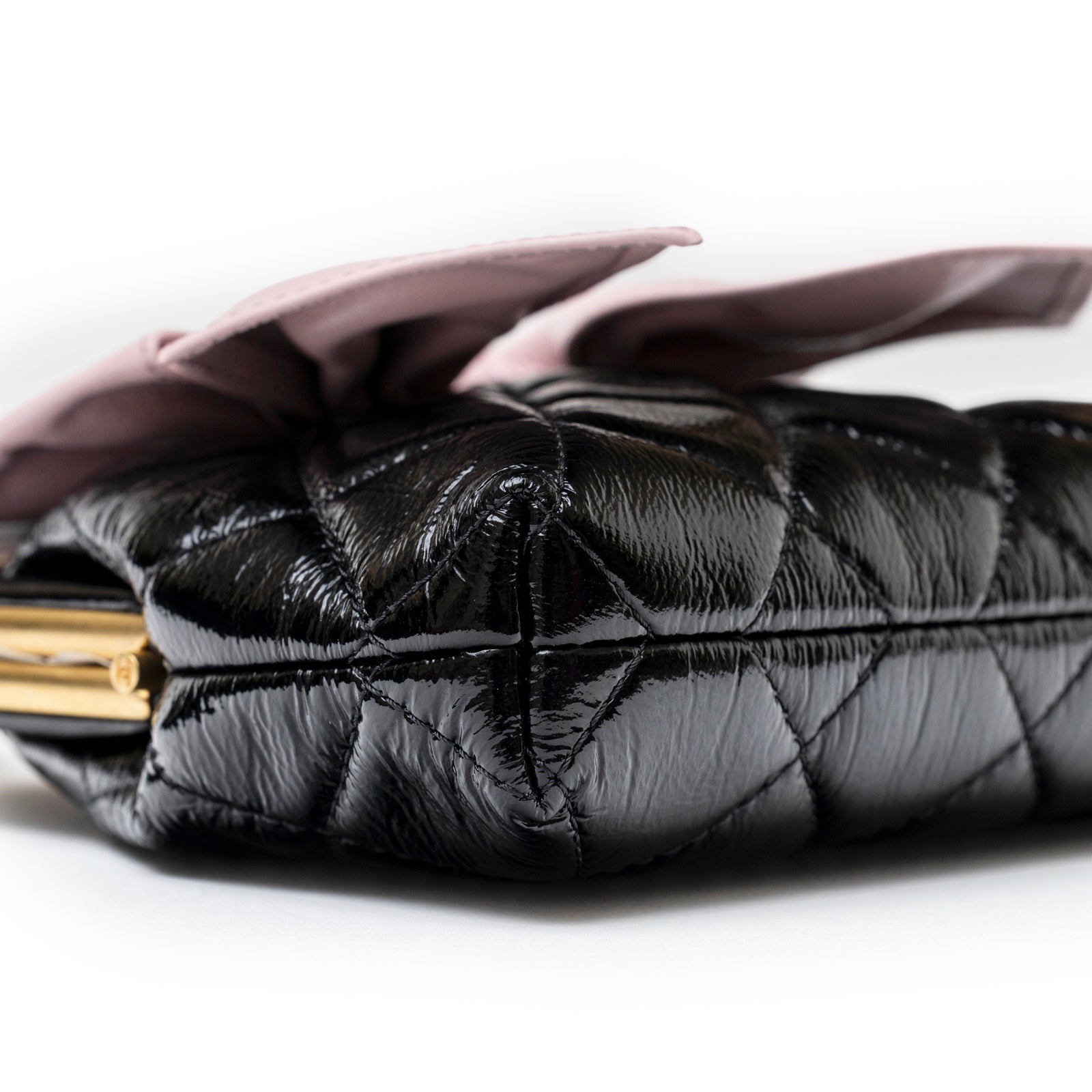 Chanel Maxi Bow Clutch With Chain Black and Pink Shiny Quilted Patent Crumpled Lambskin Brushed Gold Hardware