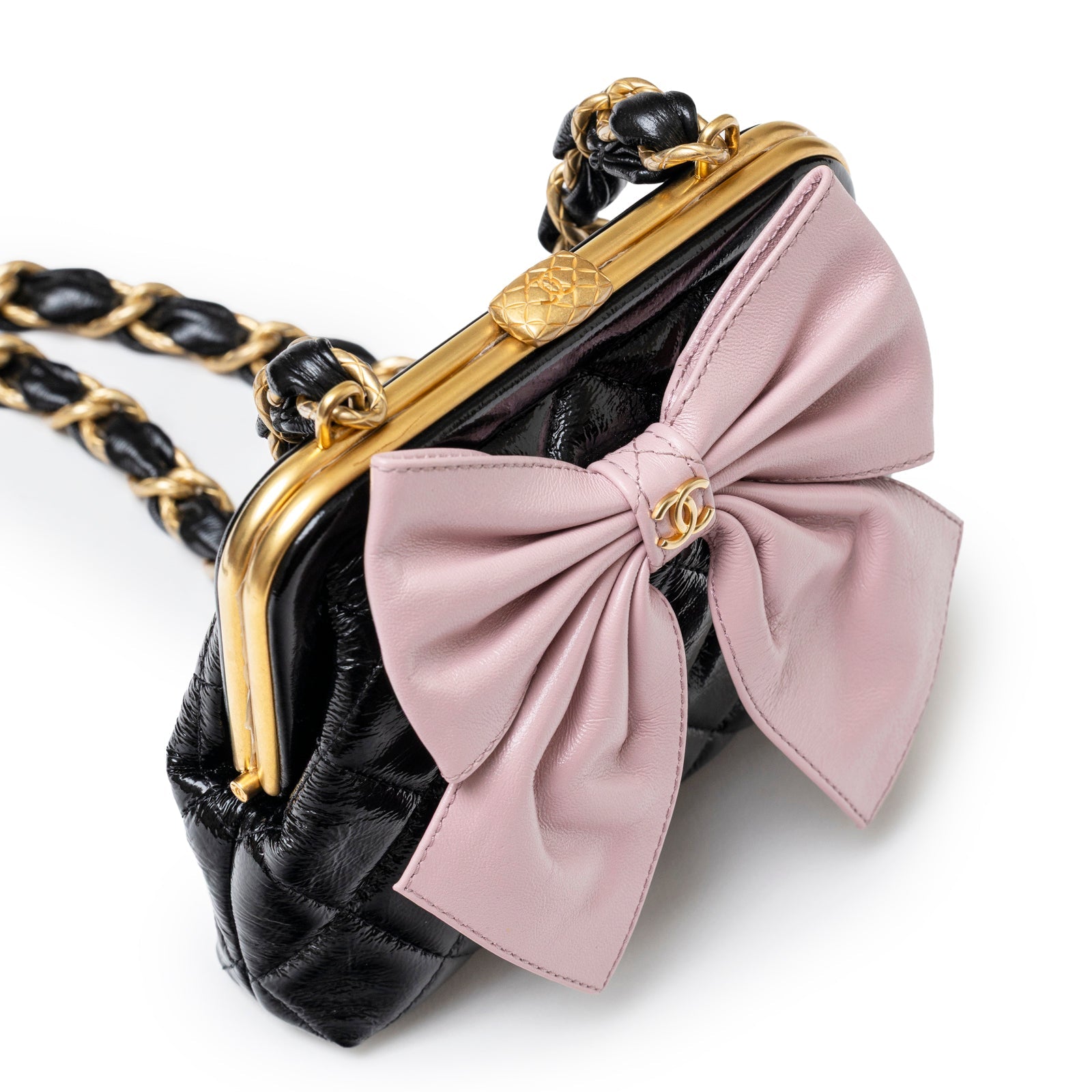 Chanel Maxi Bow Clutch With Chain Black and Pink Shiny Quilted Patent Crumpled Lambskin Brushed Gold Hardware
