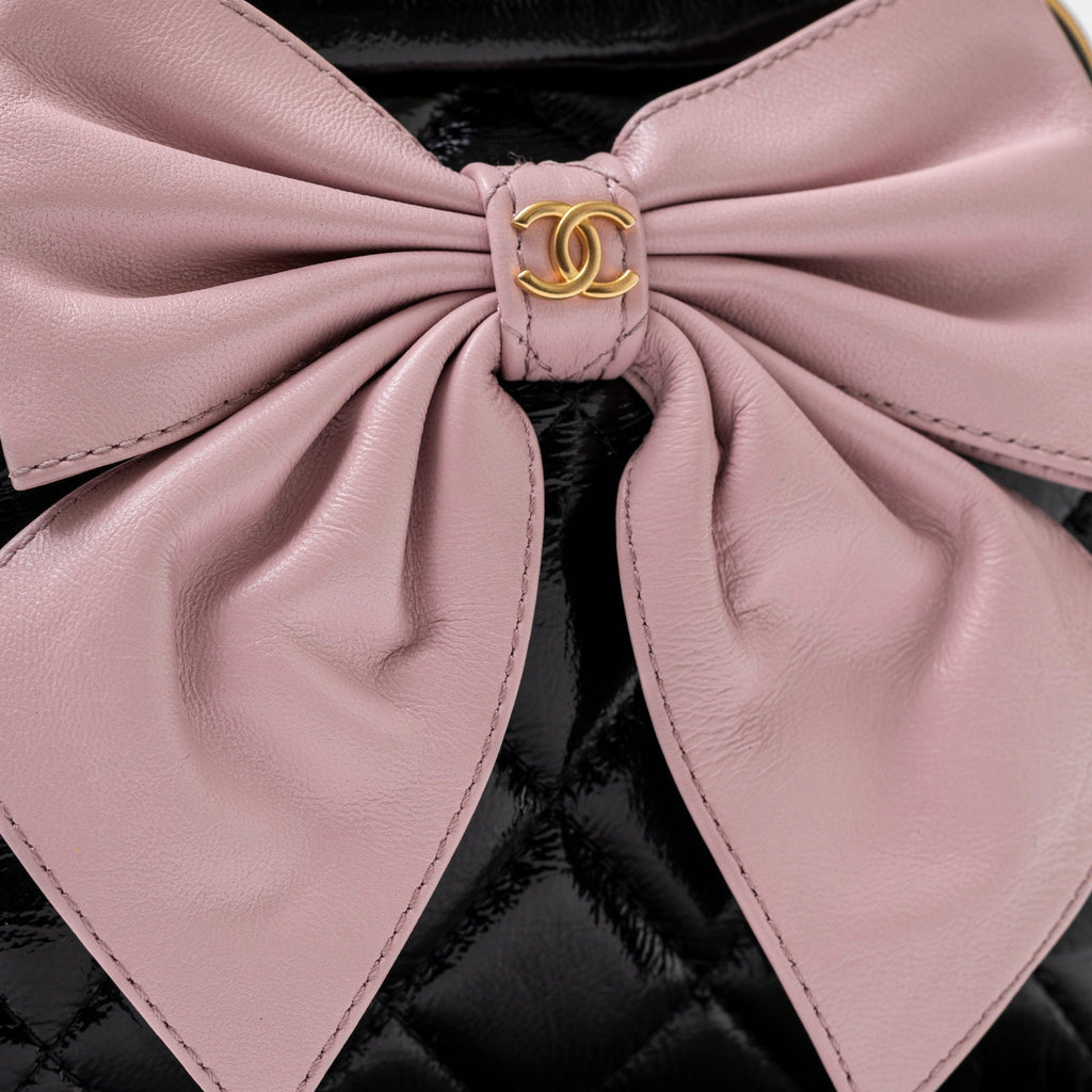 Chanel Maxi Bow Clutch With Chain Black and Pink Shiny Quilted Patent Crumpled Lambskin Brushed Gold Hardware