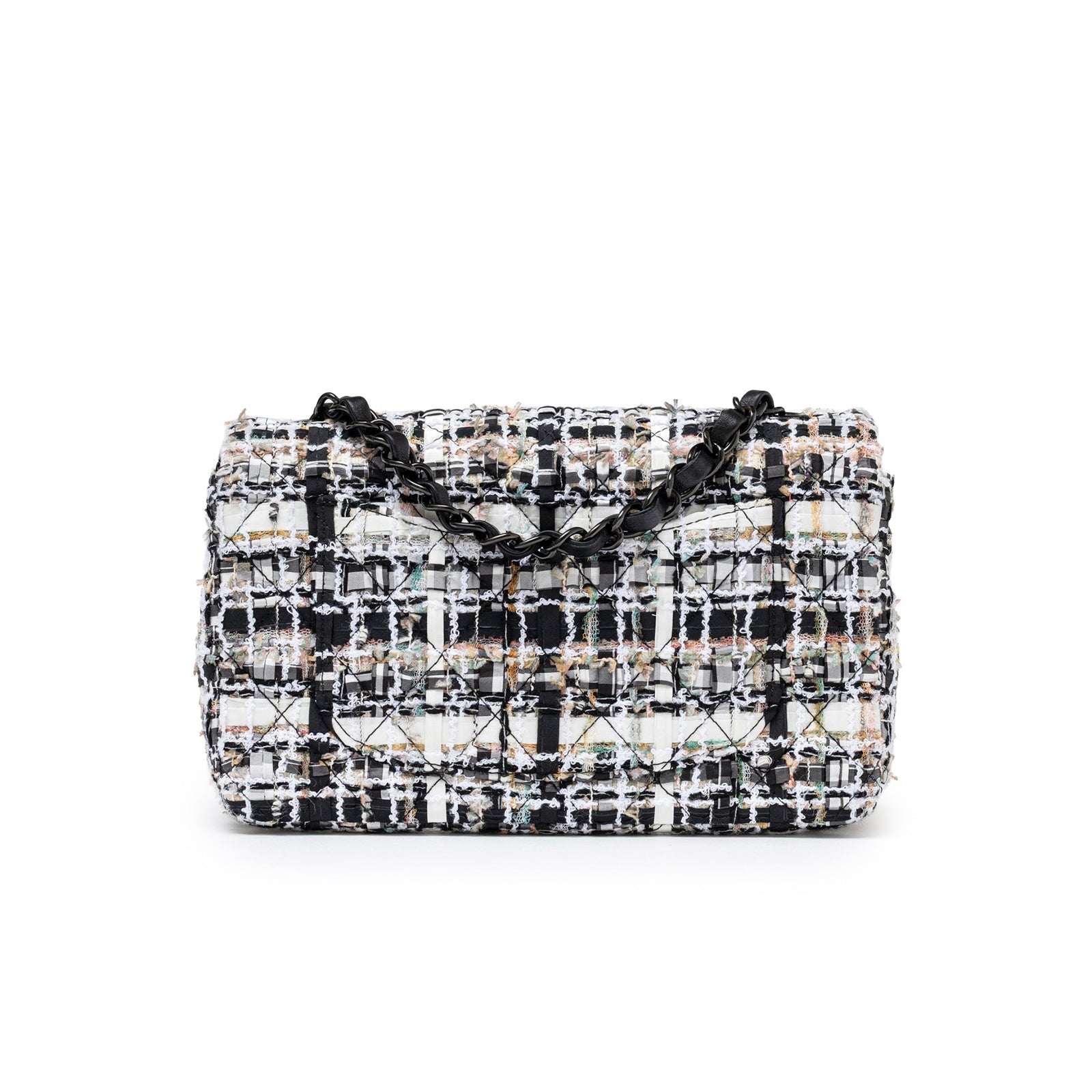 Chanel Mini Classic Flap Black and White Tweed Black Hardware