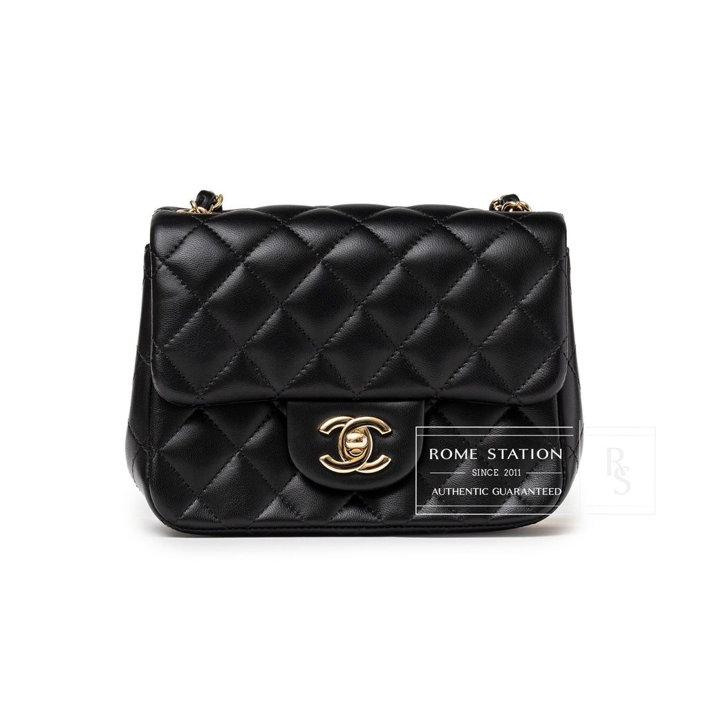 Chanel Mini Square Classic Flap bag Black Lambskin Light Gold Hardware
