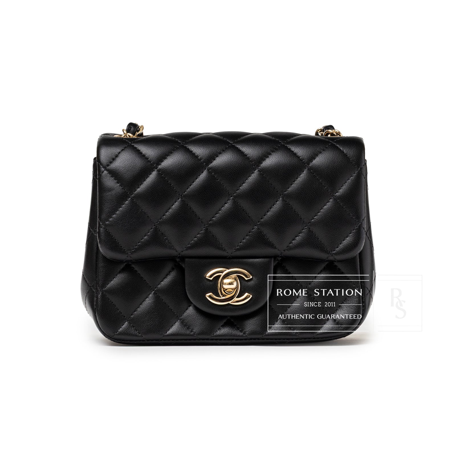 Chanel Mini Square Classic Flap bag Black Lambskin Light Gold Hardware