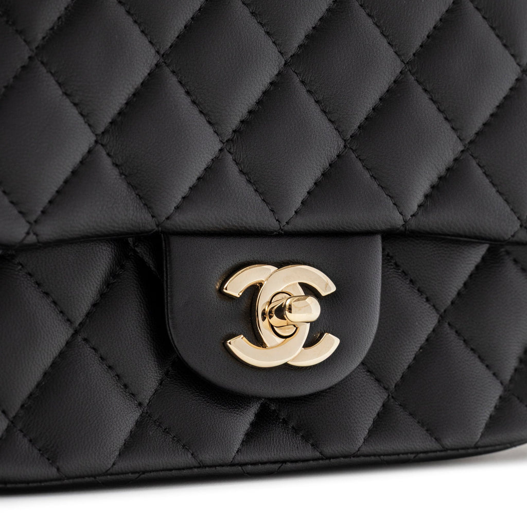Chanel Mini Square Classic Flap bag Black Lambskin Light Gold Hardware