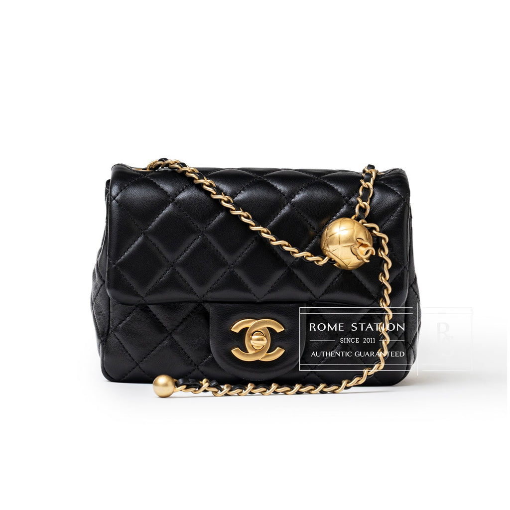 Chanel Mini Square Pearl Crush Flap Bag Black Lambskin Aged Brushed Gold Hardware