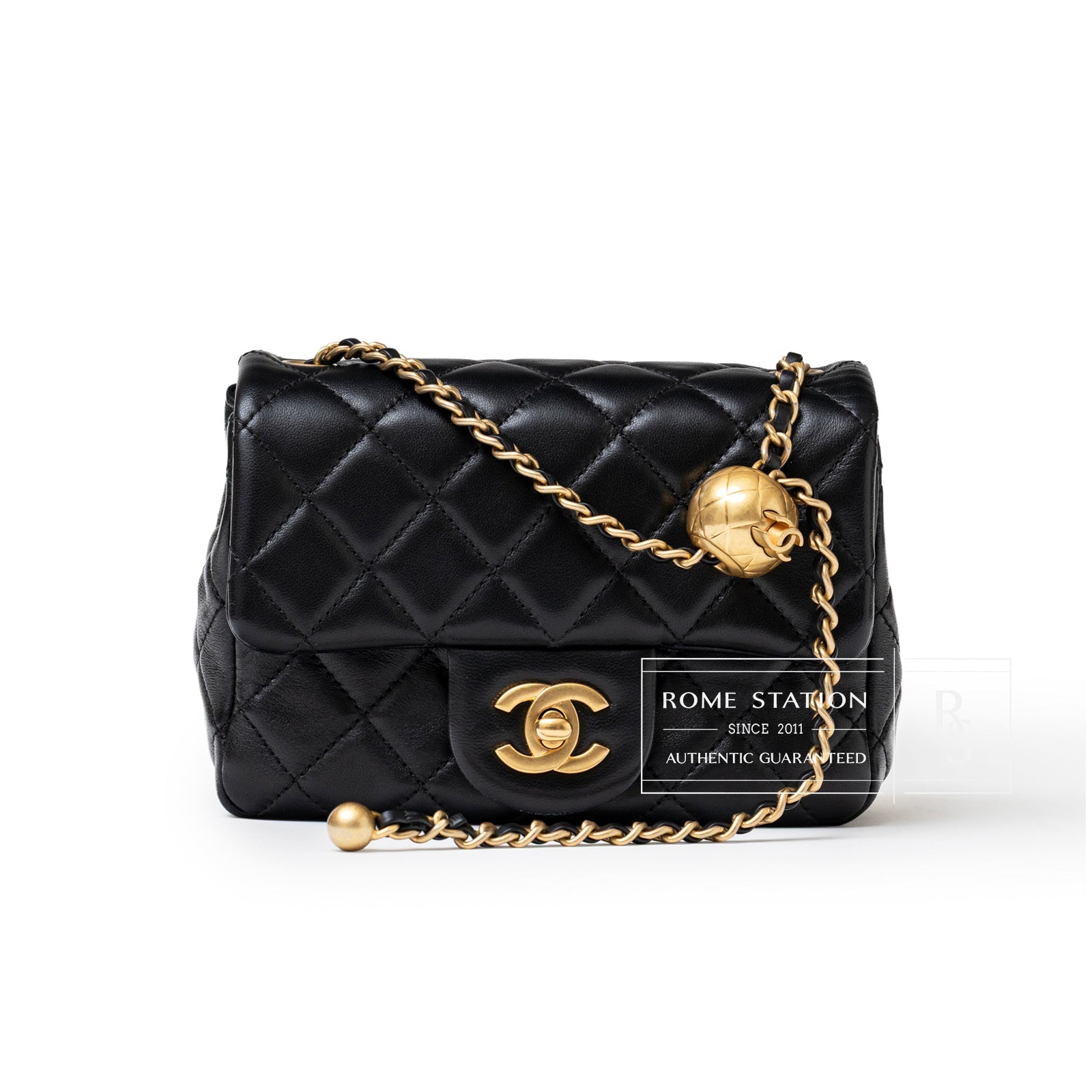 Chanel Mini Square Pearl Crush Flap Bag Black Lambskin Aged Brushed Gold Hardware
