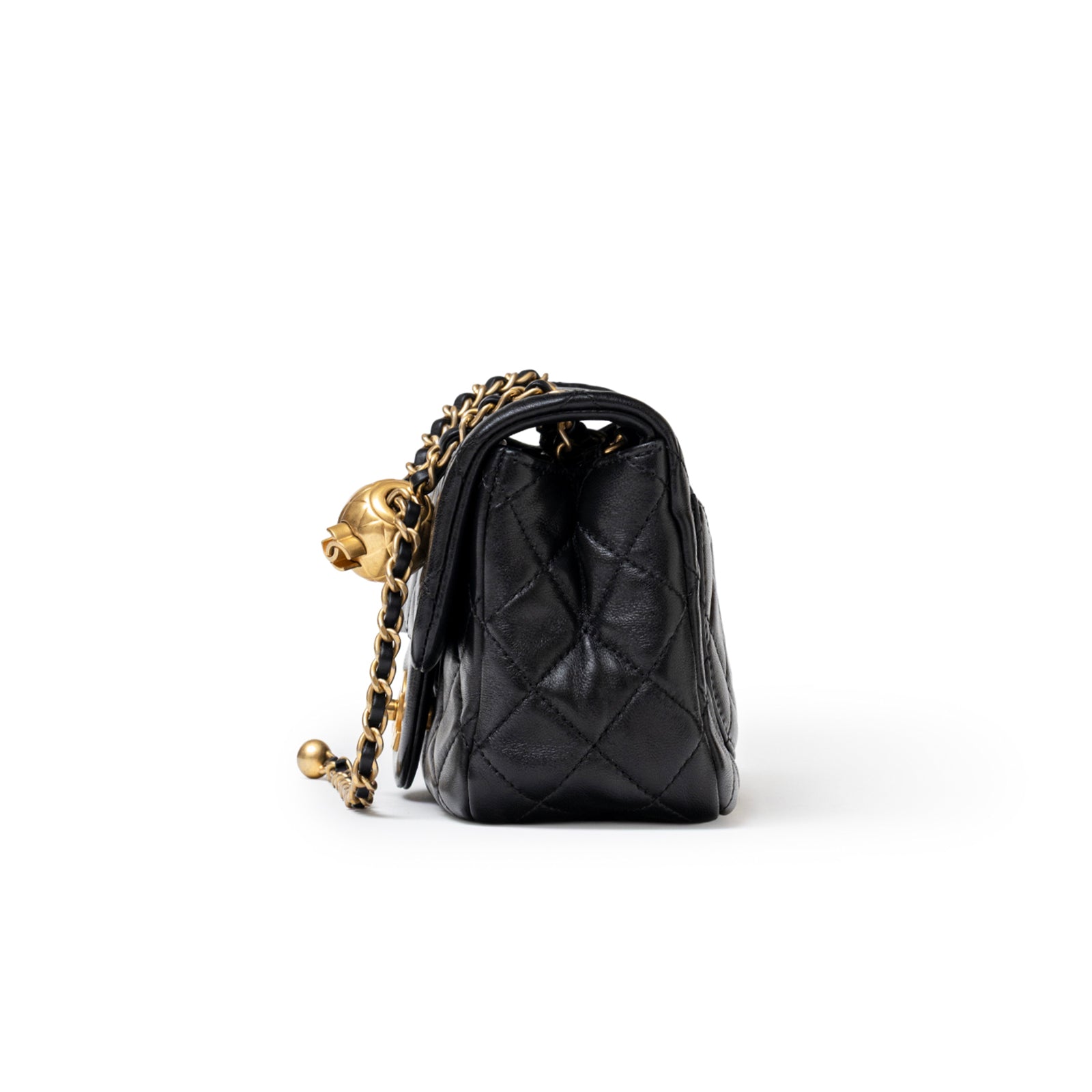 Chanel Mini Square Pearl Crush Flap Bag Black Lambskin Aged Brushed Gold Hardware