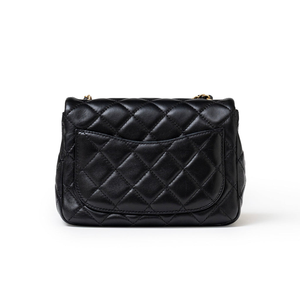 Chanel Mini Square Pearl Crush Flap Bag Black Lambskin Aged Brushed Gold Hardware