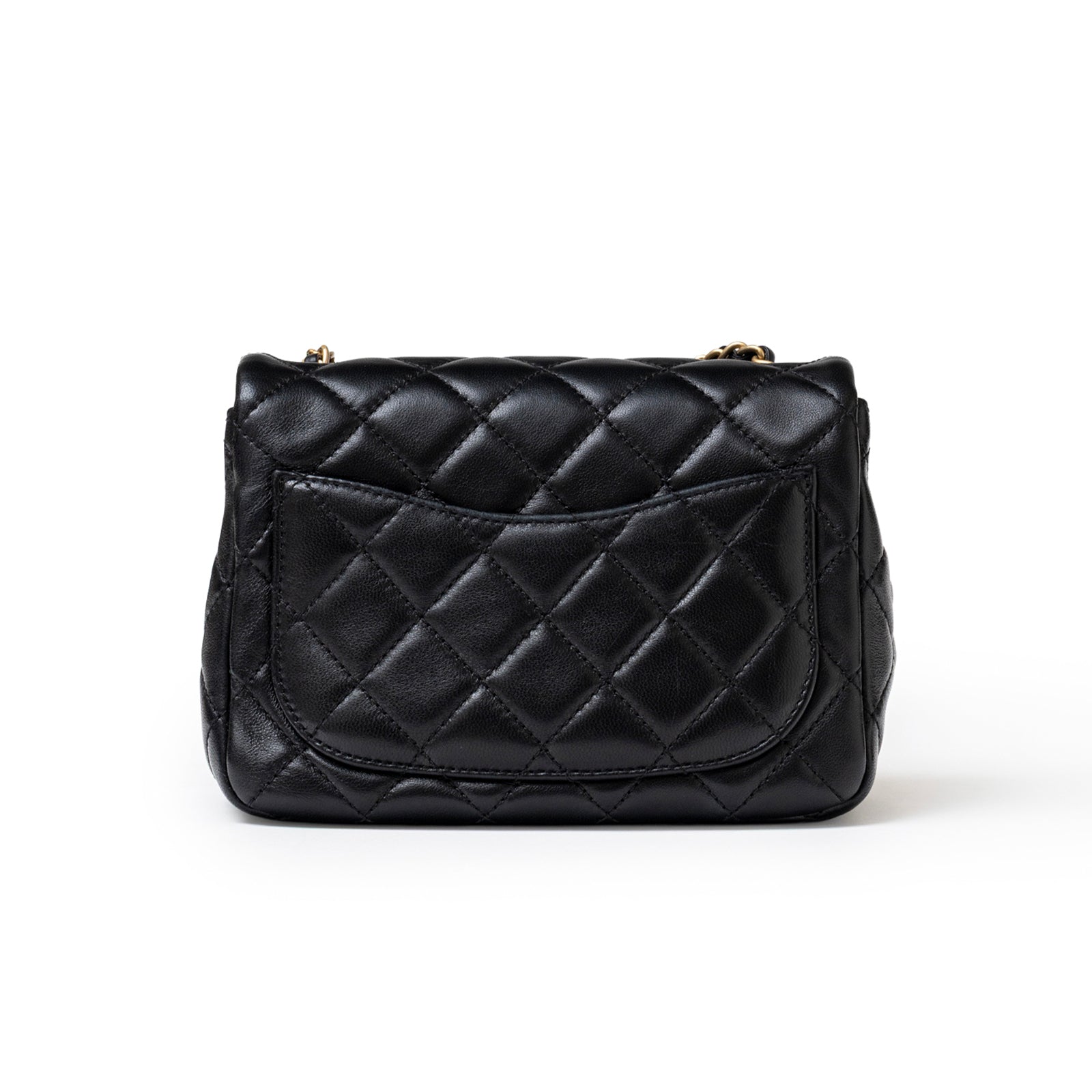 Chanel Mini Square Pearl Crush Flap Bag Black Lambskin Aged Brushed Gold Hardware
