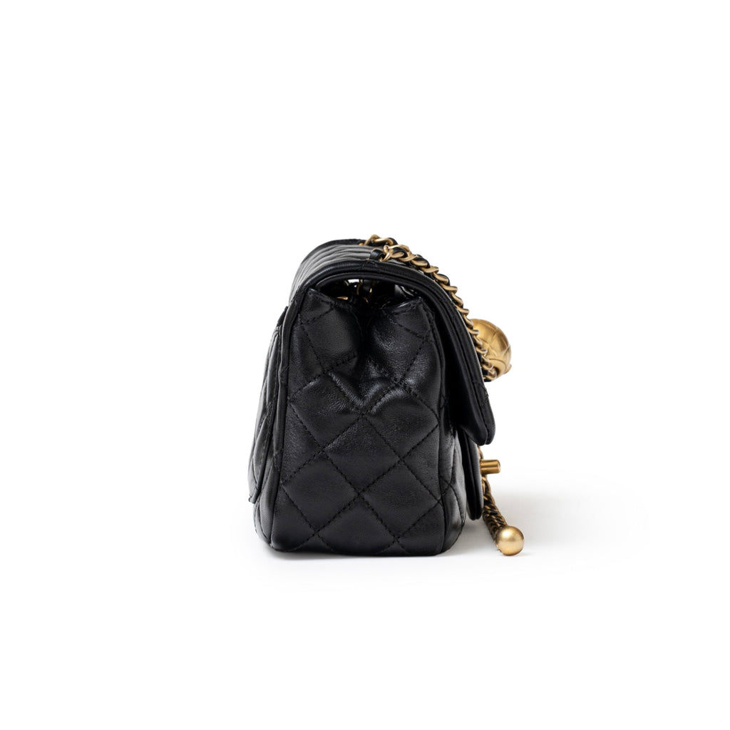 Chanel Mini Square Pearl Crush Flap Bag Black Lambskin Aged Brushed Gold Hardware