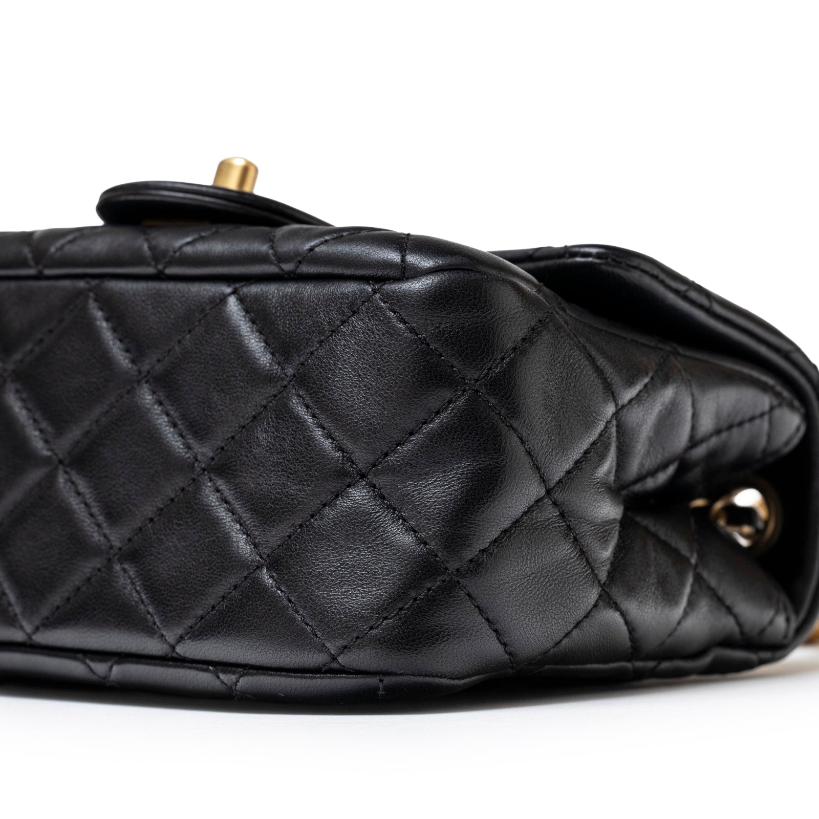 Chanel Mini Square Pearl Crush Flap Bag Black Lambskin Aged Brushed Gold Hardware