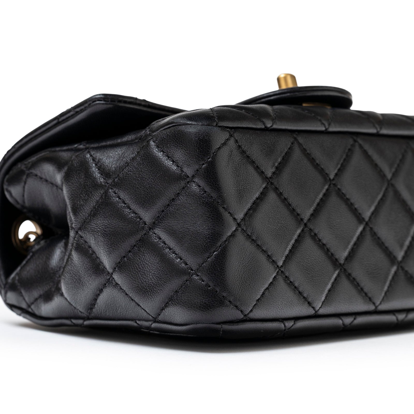 Chanel Mini Square Pearl Crush Flap Bag Black Lambskin Aged Brushed Gold Hardware