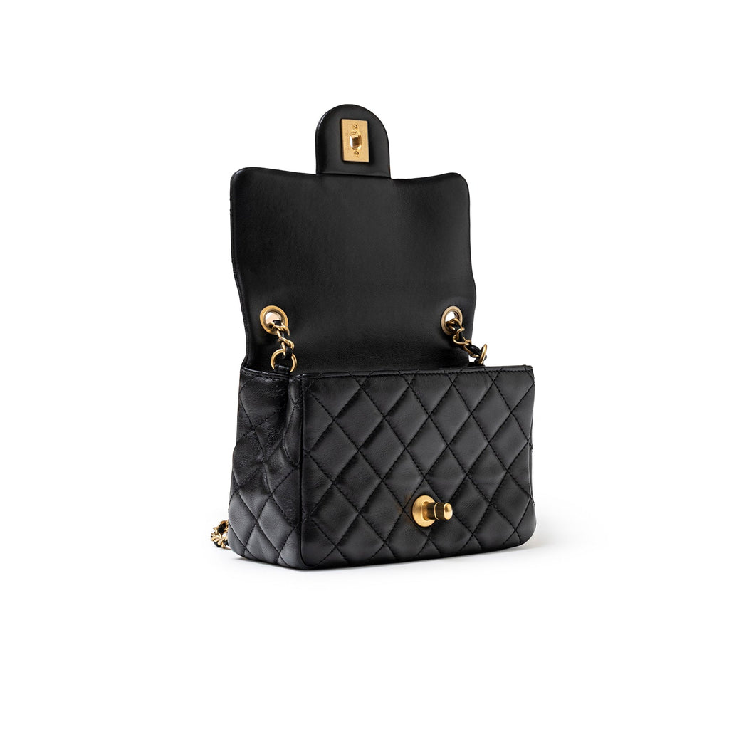 Chanel Mini Square Pearl Crush Flap Bag Black Lambskin Aged Brushed Gold Hardware