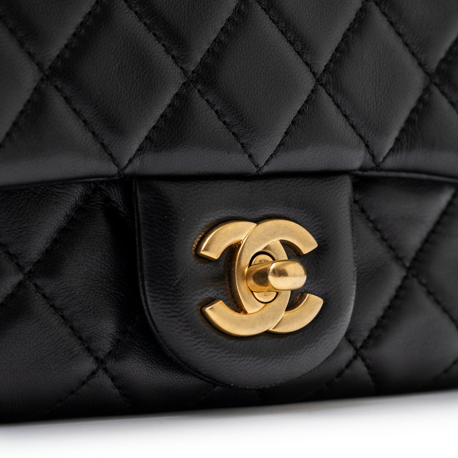 Chanel Mini Square Pearl Crush Flap Bag Black Lambskin Aged Brushed Gold Hardware