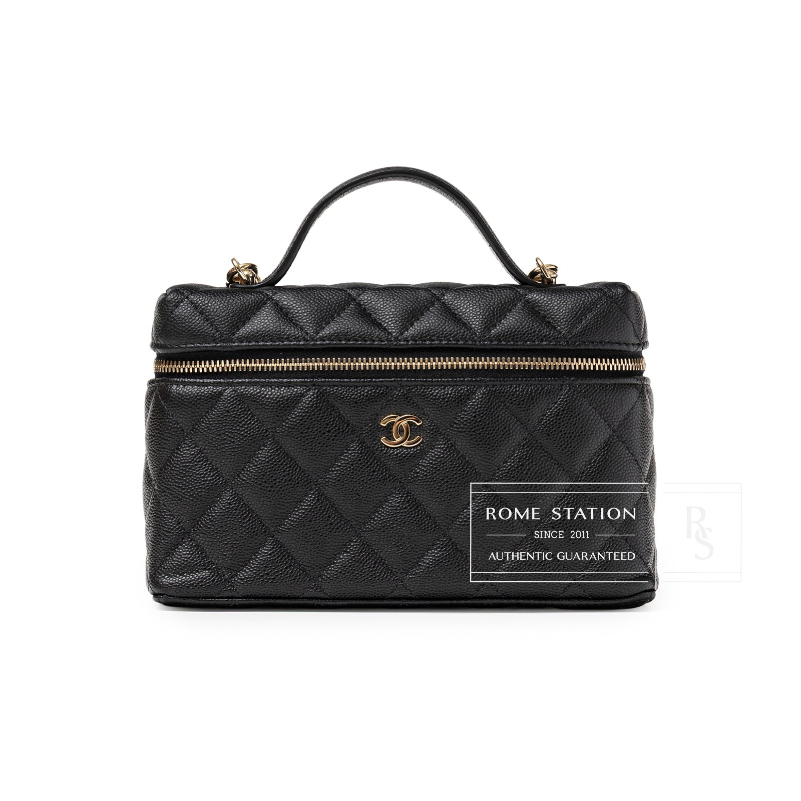 Chanel Top Handle Vanity with Chain Black Caviar Light Gold Hardware