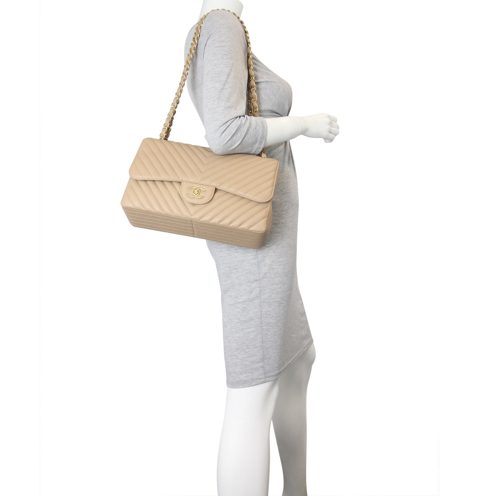 Chanel Classic Double Flap Jumbo Chevron | Beige Calfskin