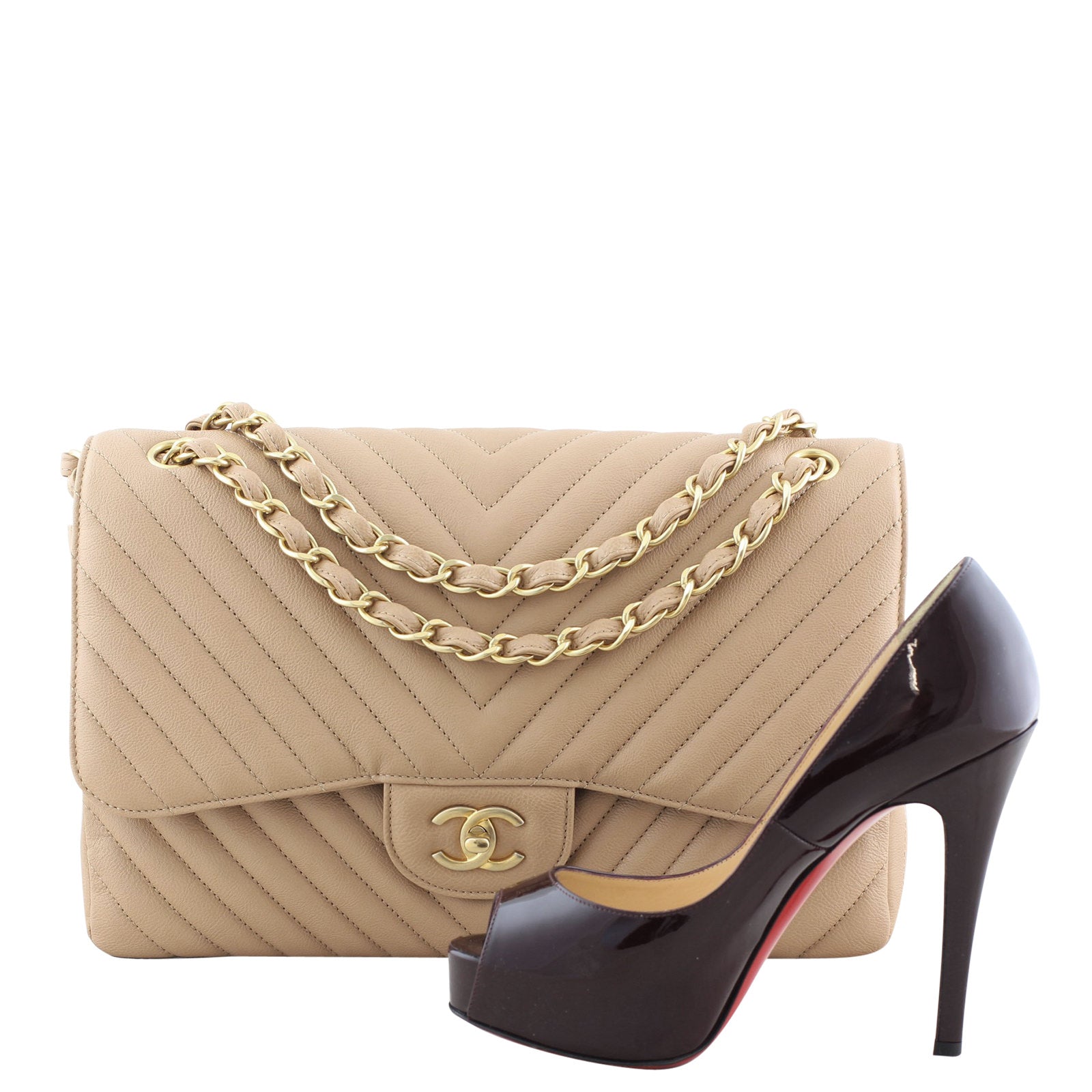 Chanel Classic Double Flap Jumbo Chevron | Beige Calfskin