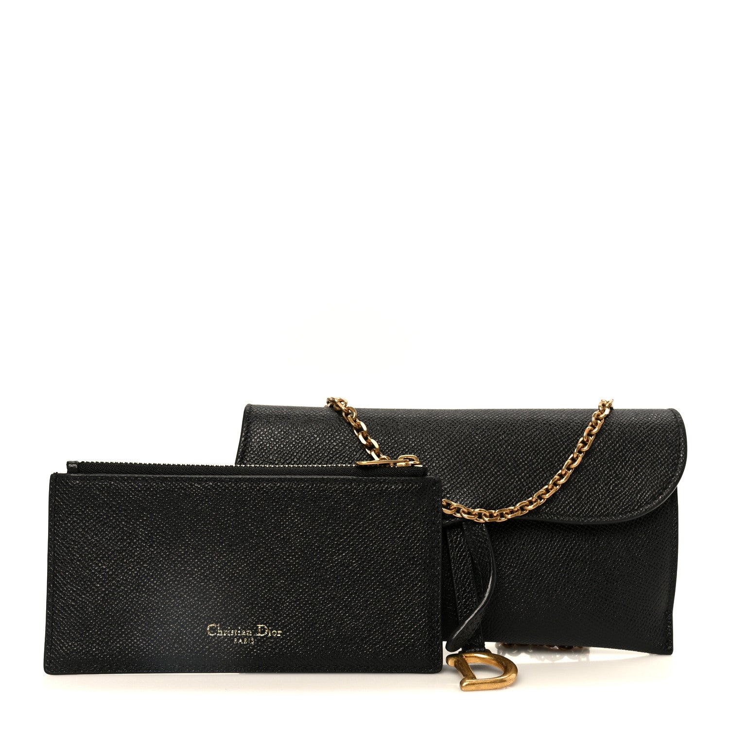 Grained Calfskin Saddle Chain Wallet Pouch Black