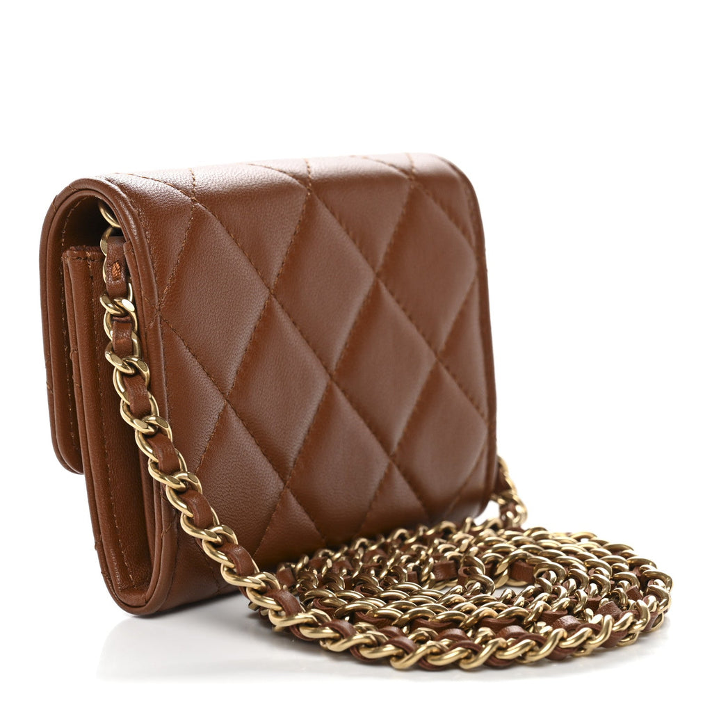 Lambskin Quilted Studded CC Clutch With Chain Brown
