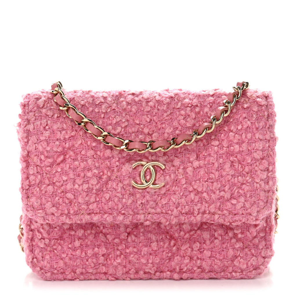 Tweed Quilted Flap Chain Waist Bag Pink