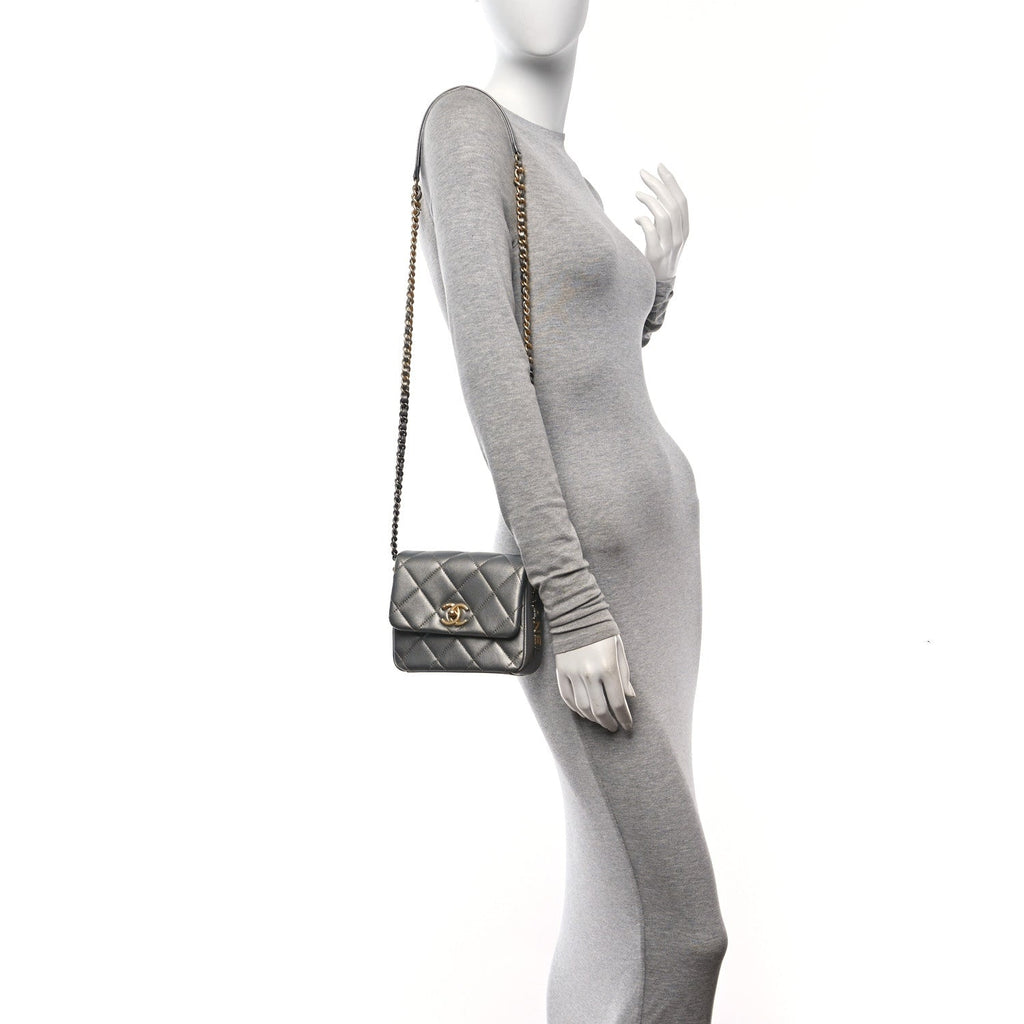 Metallic Lambskin Quilted Mini Side Note Flap Grey