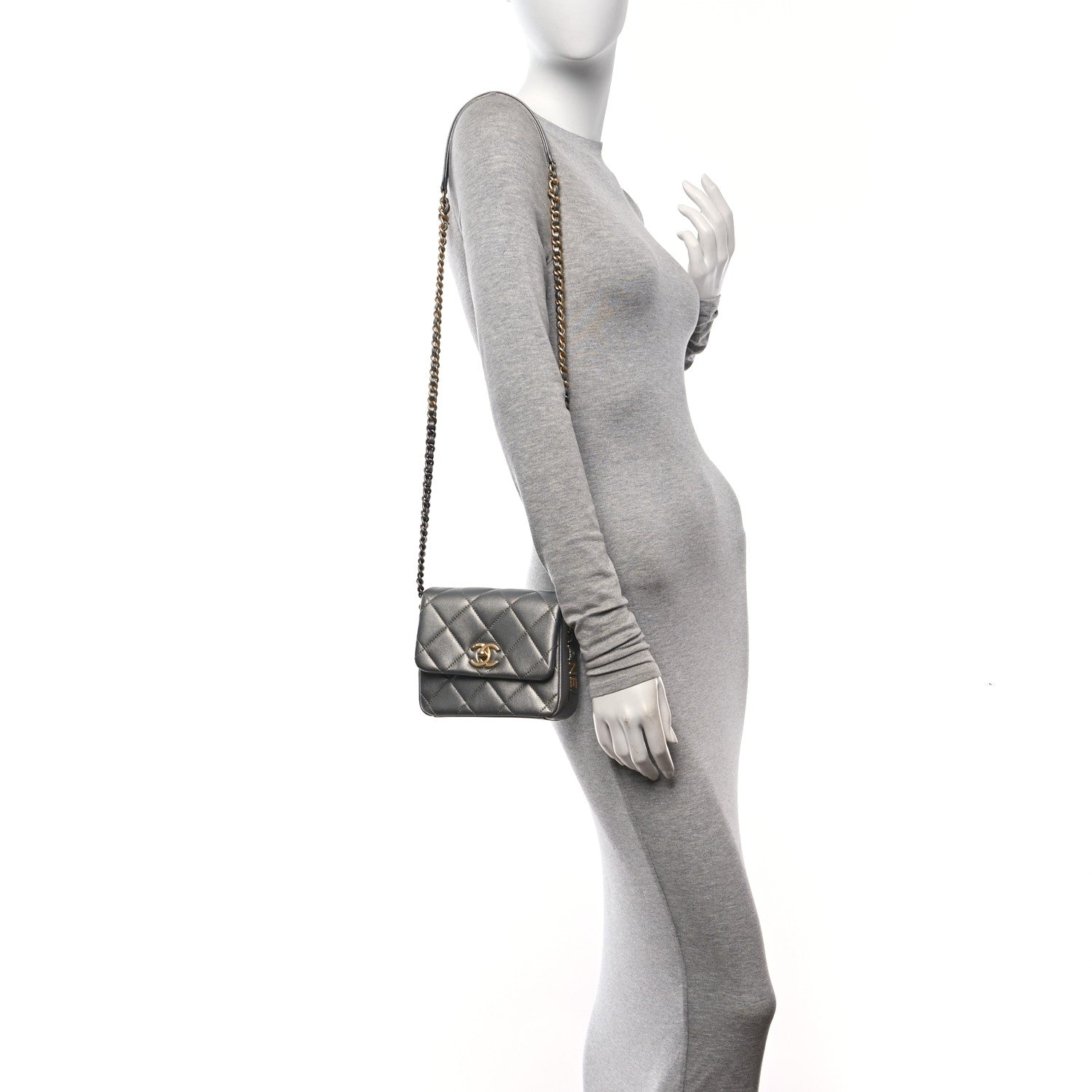 Metallic Lambskin Quilted Mini Side Note Flap Grey