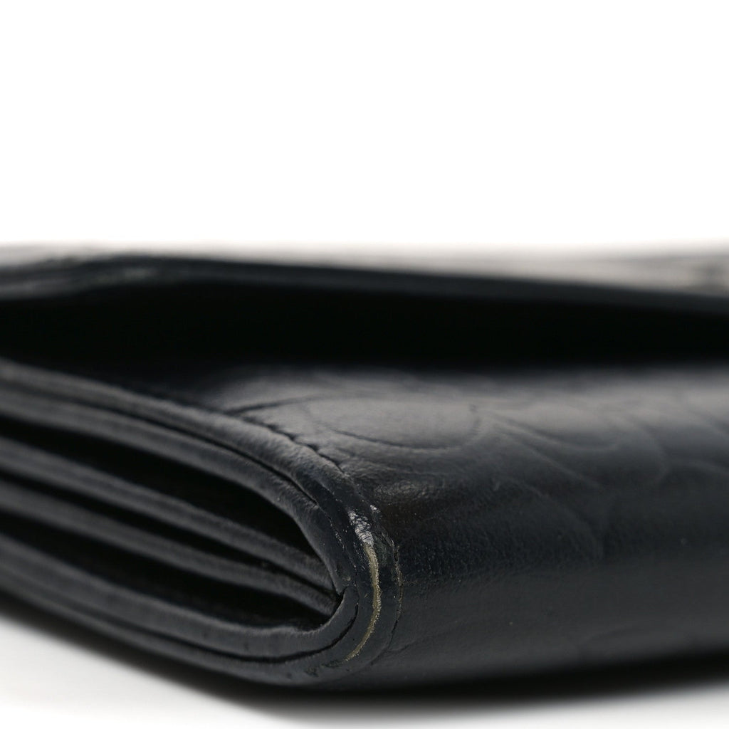 Lambskin Embossed Camellia Large Gusset Flap Wallet Black