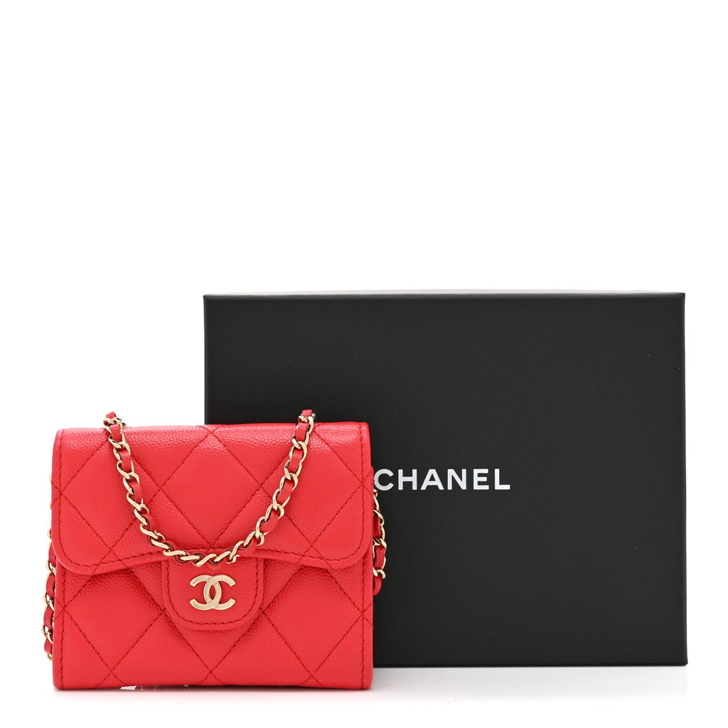 Caviar Quilted Flap  Holder On Chain Red