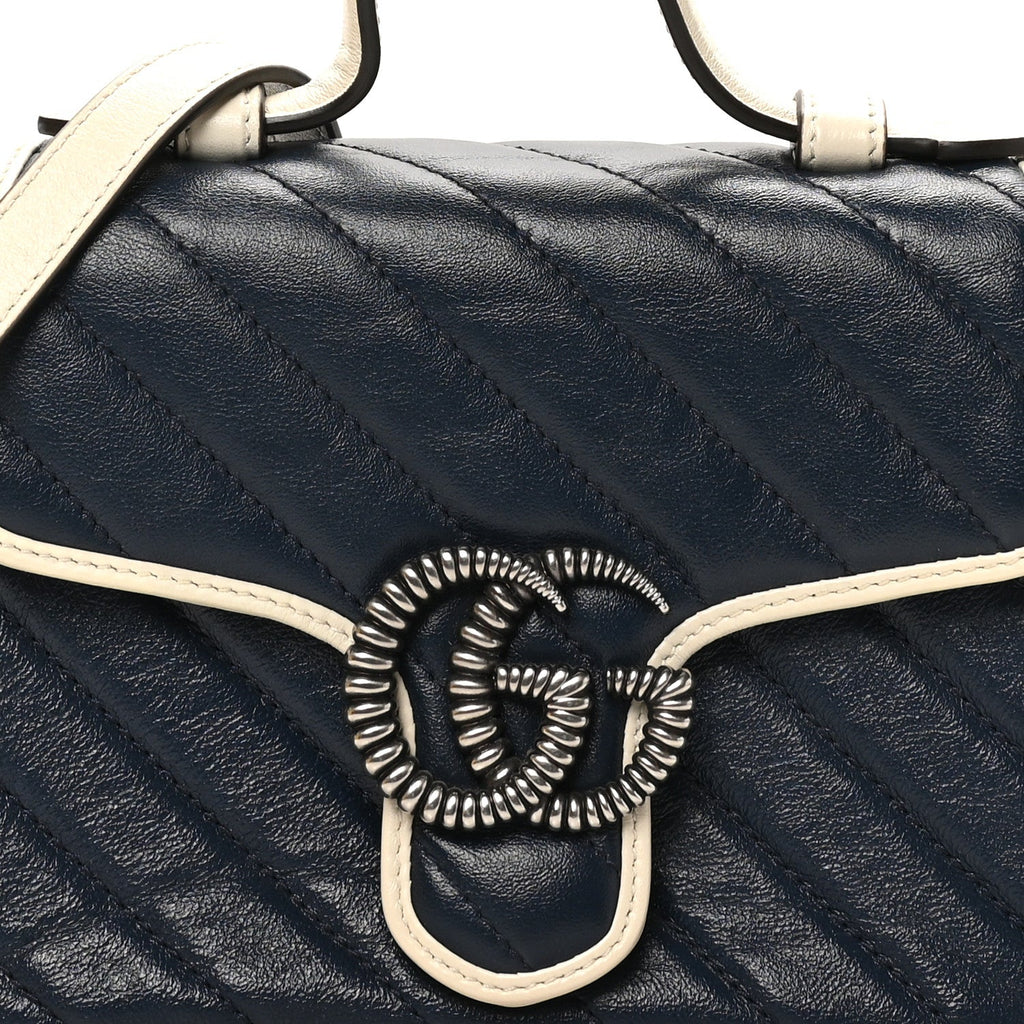 Vintage Effect Calfskin Matelasse Diagonal Mini Torchon GG Marmont Top Handle Shoulder Bag Blue Agata Mystic White