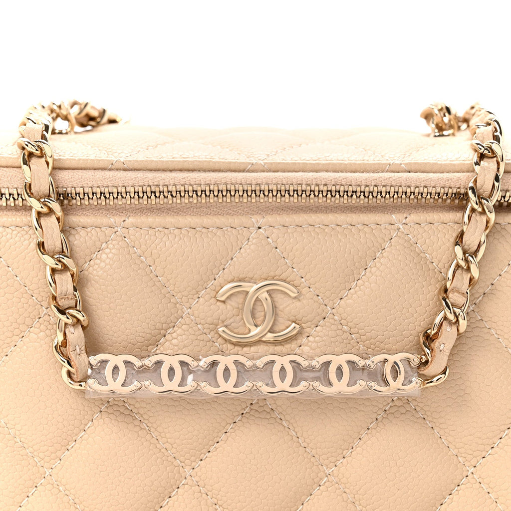 Caviar Quilted Small Tiny CC Vanity Case With Chain Beige
