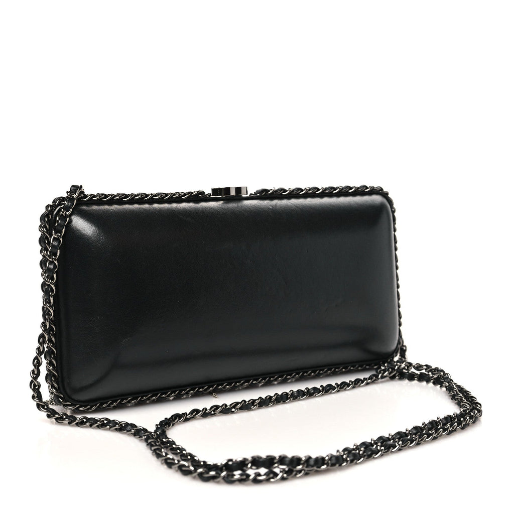 Lambskin Chain Fringe Clutch With Chain  Black